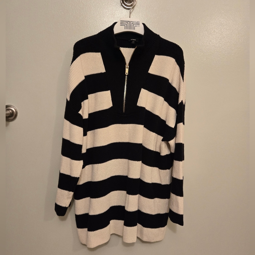 Express Black and Cream Striped Turtleneck Sweater